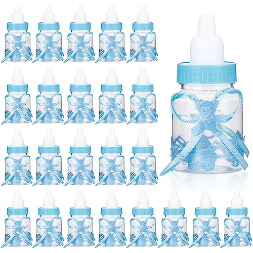 24 Stück Babyparty Flaschen, Mini Kunststoff Jungen Babyparty Bevorzugungs Süßigkeitsflasche, Befüllbar Süßigkeiten Box für Neugeborene, Taufe, Party, Babyparty Dekoration, Blau von Tomotato