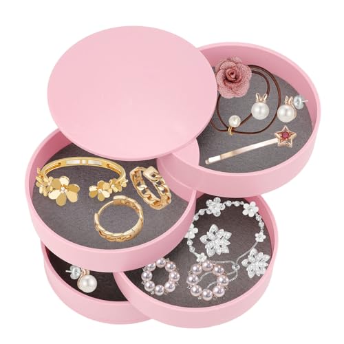 4 Ebenen Drehbare Runde Schmuckkästchen, Schmuckaufbewahrung Schmuckschatulle Tower Kosmetik Organizer Storage Box mit Deckel für Ringe, Ohrringe,Halsketten und Uhren(Rosa) von Tomotato