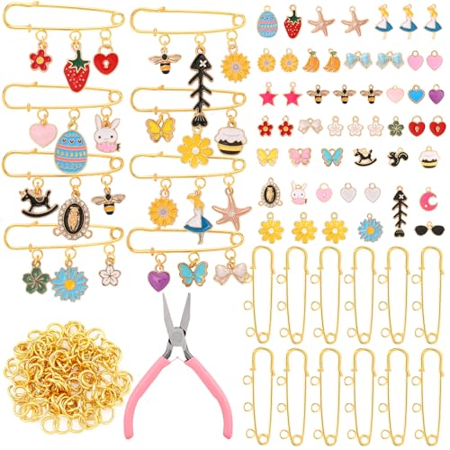 Tondiamo 131 Stück Sicherheitsnadeln, robuste Legierung, Junk-Socken, Charm-Set, DIY Herstellung mit 50 Anhängern, 50 Biegeringe und Werkzeuge, Sicherheitsnadeln, Brosche mit 3 Schlaufen, Großpackung von Tondiamo