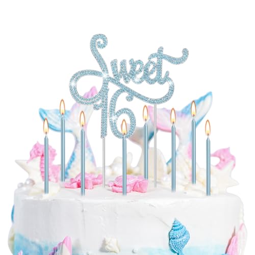 Tondiamo Sweet 16 Geburtstagsdekorationen mit Strasssteinen, 20 Stück, metallische Happy Birthday-Kerzen, 16 Kuchendekorationen für Cupcake-Dekoration (blau) von Tondiamo