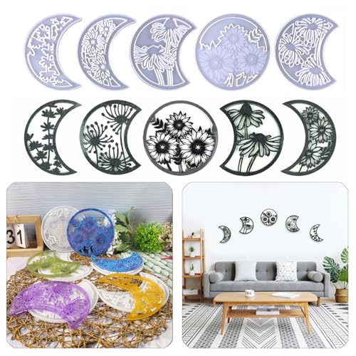 Tone Fun 5 Stück Mond mit Blumen, Halbmondform, Epoxidharz-Guss-Set zum Aufhängen an der Wand, Fenster, Tür, DIY, Heimbüro, Partyzubehör (15,3 x 15,3 x 0,6 cm) von Tone Fun