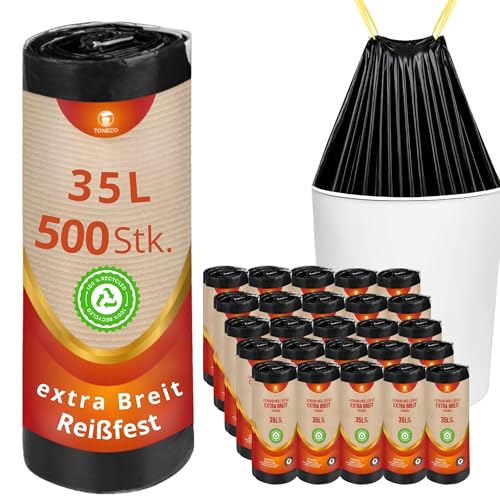 starke Müllbeutel 35 Liter - EXTRA BREIT- MIT ZUGBAND - reißfest und wasserdicht (30/35L - 25 Rollen = 500 Beutel) von Toneco