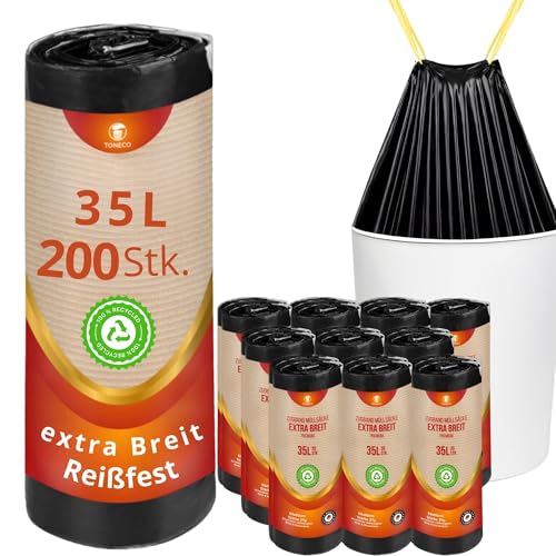 starke Müllbeutel 35 Liter - EXTRA BREIT- MIT ZUGBAND - 100% recycelt - reißfest und wasserdicht (30/35L - 10 Rollen = 200 Beutel) von Toneco