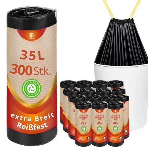 starke Müllbeutel 35 Liter - EXTRA BREIT- MIT ZUGBAND- reißfest und wasserdicht (30/35L - 15 Rollen = 300 Beutel) von Toneco