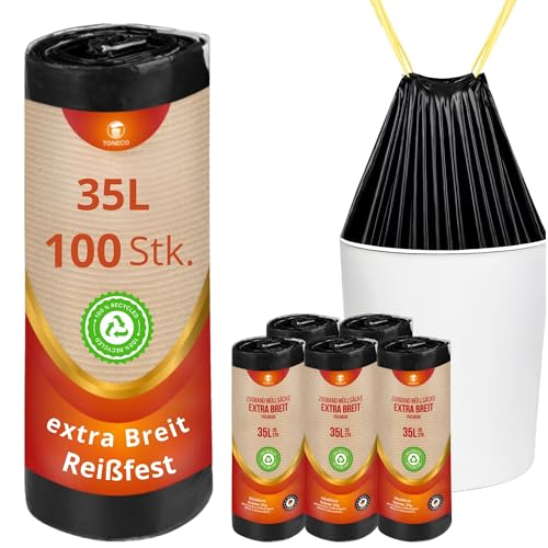 starke Müllbeutel 35 Liter - EXTRA BREIT- Mit Zugband - 100% recycelt - reißfest und wasserdicht (30/35L - 5 Rollen = 100 Beutel) von Toneco