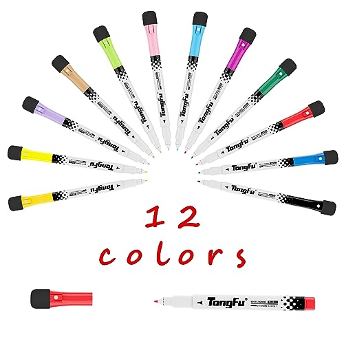TongFu 12 Farbe Whiteboard Marker, Radierbarer Whiteboard Stifte mit Schwamm und Magnet, Leuchtende Farben, Langlebige, Sichere, Whiteboard Stifte Abwischbar für Whiteboard, Glas, Metall, Keramik von TongFu