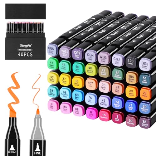 TongFu 40 Farben Marker Set, Twin Marker mit Heller Farbe, Filzstifte mit Schwarz Geschenkbox, Alkohol Stifte für Färbung, Comic, Malerei, Zeichnung, Design, Malerei, Rendering, Brief, Manga von TongFu