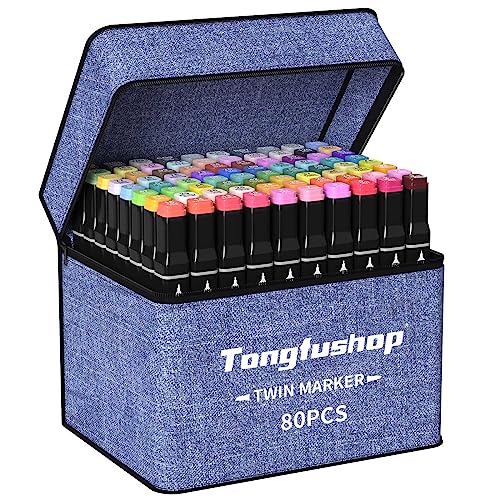 Tongfushop 80+2 Farben Filzstifte, 2 Sekunde Schnell Trocknende Twin Marker, Marker Set für Manga Design und Zeichnen Skizzieren Malerei, Alkohol Stifte mit Grau Tragetasche und Abstandshalter von Tongfushop