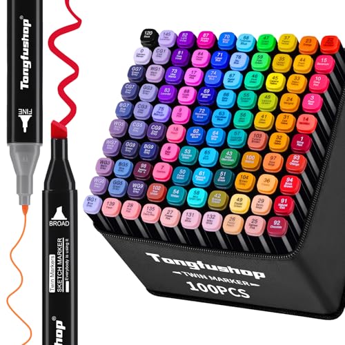 Tongfushop 100 Farben Alcohol Marker, 2 Sekunde Schnell Trocknende Alkohol Stifte Set, Doppelte Spitzen Alkoholmarker Filzstifte mit Anti-Seepage Abstandshaltern für Malerei, Zeichnung, Design, Manga von Tongfushop