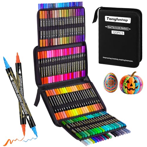 Tongfushop 120 Farben Acrylstifte Set, Doppelspitze Acrylstifte für Steine Wasserfest, Schnelltrocknende Steine Bemalen Acrylic Marker für Glas, Holz, Keramik, Leinwand, Basteln Ostern, Weihnachten. von Tongfushop