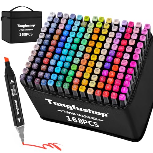 Tongfushop 168+2 Farben Filzstifte, Marker Stifte Set，Twin Tip Marker, Textmarker für Studenten Manga Design und Zeichnen Skizzieren Malerei, Art Marker mit Schwarzer Tragetasche und Abstandshalter von Tongfushop