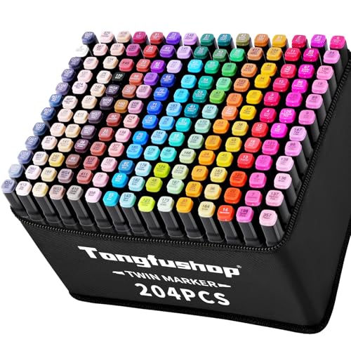 Tongfushop 204 Farben Alkohol Stifte Set, 2S Schnell Trocknende Doppelspitze Alkohol Marker, Meißel & Feine Alkoholmarker Filzstifte mit Anti-Seepage Abstandshaltern für Malerei Design Manga von Tongfushop