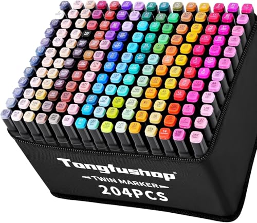 Tongfushop 204 Farben Filzstifte, Doppelte Spitze Marker Stifte Set, 2 Sekunde Schnell Trocknende Sketch Permanent Alkoholmarker mit Schwarzer Tragetasche und Abstandshalter für Malerei, Design von Tongfushop