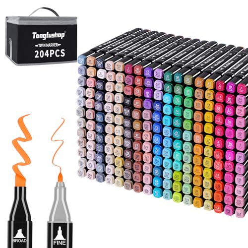 Tongfushop 204+2 Filzstifte, Twin Marker, Marker Set für Studenten Manga Design und Zeichnen Skizzieren Malerei, Art Marker mit Schwarzer Tragetasche und Abstandshalter von Tongfushop