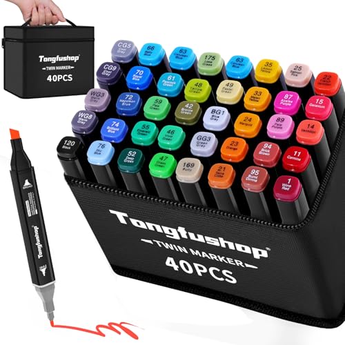 Tongfushop 40+2 Farben Filzstifte, Doppelte Spitze Marker Stifte Set, 2 Sekunde Schnell Trocknende Sketch Permanent Alkoholmarker mit Schwarzer Tragetasche und Abstandshalter für Malerei, Design von Tongfushop
