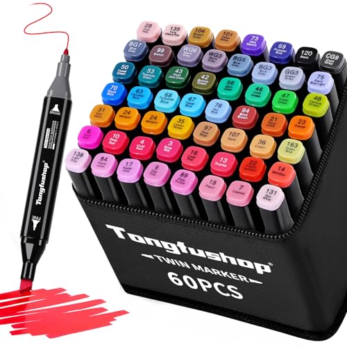 Tongfushop 60 Farben Alkohol Stifte Set, 2S Schnell Trocknende Doppelspitze Alkohol Marker, Meißel & Feine Alkoholmarker Filzstifte mit Anti-Seepage Abstandshaltern für Malerei Design Manga Skizzieren von Tongfushop