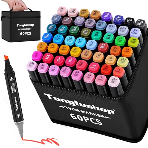 Tongfushop 60+2 Filzstifte, Twin Marker, Marker Set für Studenten Manga Design und Zeichnen Skizzieren Malerei, Art Marker mit Schwarzer Tragetasche und Abstandshalter von Tongfushop