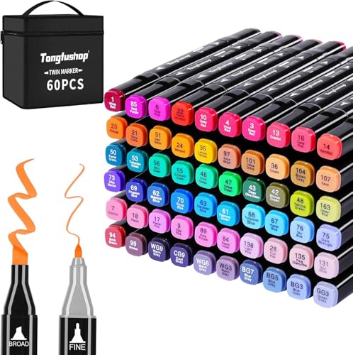 Tongfushop Filzstifte, 60+2 Marker Set, 2 Sekunde Schnell Trocknende Twin Marker, Alkohol Marker Stifte für Malerei, Zeichnung, Design, Rendering, Brief, Manga, mit Anti-Seepage Abstandshalter von Tongfushop