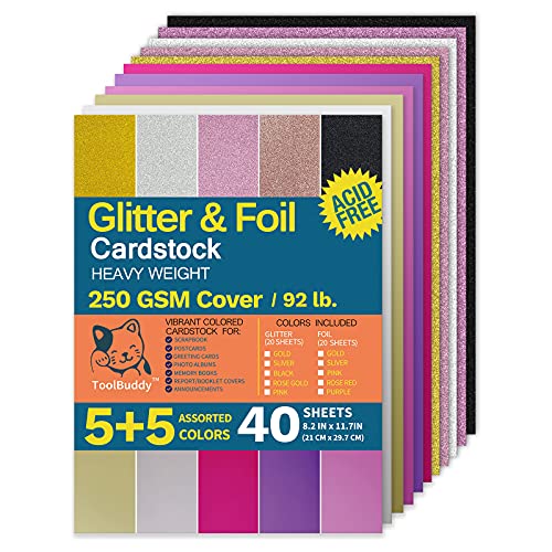 40 Blatt Buntes Glitzerpapier zum Basteln, A4 250gsm Farbiges Papier Bunt Bastelpapier Metallic Papier Glanzpapier, 5+5 Farben 40 Blatt Buntes Glitzerpapier zum Basteln, A4 250gsm Farbiges Papier Bunt Bastelpapier Metallic Papier Glanzpapier, 5+5 Farben von ToolBuddy