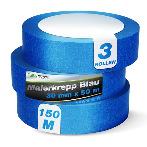 ToolSpace 3x Malerkrepp für präzise Farbkanten PROFI Kreppband 30 mm - 3 x 50m Abdeckband Blau Malertape Klebeband Malerband aus Krepp Streichen Lackieren Renovieren Selbstklebend Maler Abklebeband ToolSpace 3x Malerkrepp für präzise Farbkanten PROFI Kreppband 30 mm - 3 x 50m Abdeckband Blau Malertape Klebeband Malerband aus Krepp Streichen Lackieren Renovieren Selbstklebend Maler Abklebeband von ToolSpace