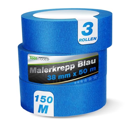 ToolSpace 3x Malerkrepp für präzise Farbkanten PROFI Kreppband 38 mm - 3 x 50m Abdeckband Blau Malertape Klebeband Malerband aus Krepp Streichen Lackieren Renovieren Selbstklebend Maler Abklebeband ToolSpace 3x Malerkrepp für präzise Farbkanten PROFI Kreppband 38 mm - 3 x 50m Abdeckband Blau Malertape Klebeband Malerband aus Krepp Streichen Lackieren Renovieren Selbstklebend Maler Abklebeband von ToolSpace