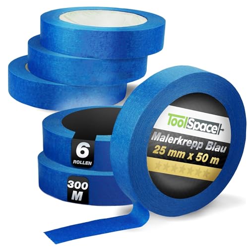 ToolSpace 6x Malerkrepp für präzise Farbkanten PROFI Kreppband 25 mm - 6 x 50m Abdeckband Blau Malertape Klebeband Malerband aus Krepp Streichen Lackieren Renovieren Selbstklebend Maler Abklebeband ToolSpace 6x Malerkrepp für präzise Farbkanten PROFI Kreppband 25 mm - 6 x 50m Abdeckband Blau Malertape Klebeband Malerband aus Krepp Streichen Lackieren Renovieren Selbstklebend Maler Abklebeband von ToolSpace