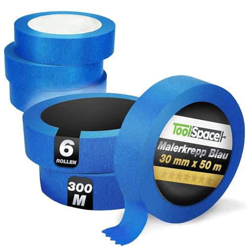 ToolSpace 6x Malerkrepp für präzise Farbkanten PROFI Kreppband 30 mm - 6 x 50m Abdeckband Blau Malertape Klebeband Malerband aus Krepp Streichen Lackieren Renovieren Selbstklebend Maler Abklebeband ToolSpace 6x Malerkrepp für präzise Farbkanten PROFI Kreppband 30 mm - 6 x 50m Abdeckband Blau Malertape Klebeband Malerband aus Krepp Streichen Lackieren Renovieren Selbstklebend Maler Abklebeband von ToolSpace