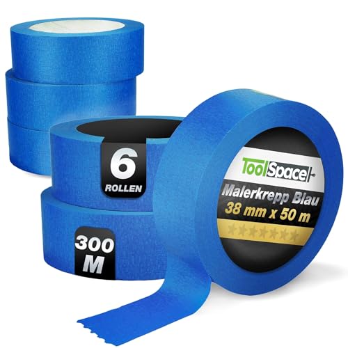 ToolSpace 6x Malerkrepp für präzise Farbkanten PROFI Kreppband 38 mm - 6 x 50m Abdeckband Blau Malertape Klebeband Malerband aus Krepp Streichen Lackieren Renovieren Selbstklebend Maler Abklebeband von ToolSpace
