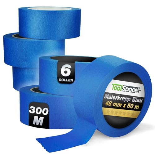 ToolSpace 6x Malerkrepp für präzise Farbkanten PROFI Kreppband 48 mm - 6 x 50m Abdeckband Blau Malertape Klebeband Malerband aus Krepp Streichen Lackieren Renovieren Selbstklebend Maler Abklebeband ToolSpace 6x Malerkrepp für präzise Farbkanten PROFI Kreppband 48 mm - 6 x 50m Abdeckband Blau Malertape Klebeband Malerband aus Krepp Streichen Lackieren Renovieren Selbstklebend Maler Abklebeband von ToolSpace