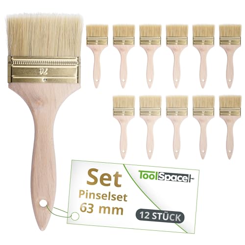 ToolSpace Pinselset Borstenpinsel 12er Set 63mm Breit Flachpinsel Naturborsten Einwegpinsel oder Universal Pinsel Lackierpinsel Lackpinsel für Lacke Holz Möbel Malerpinsel Wandpinsel Streichpinsel von ToolSpace