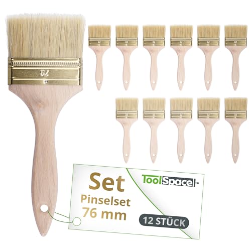 ToolSpace Pinselset Borstenpinsel 12er Set 76mm Breit Flachpinsel Naturborsten Einwegpinsel oder Universal Pinsel Lackierpinsel Lackpinsel für Lacke Holz Möbel Malerpinsel Wandpinsel Streichpinsel von ToolSpace