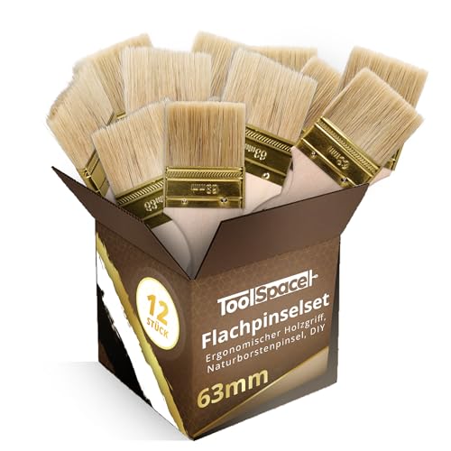 ToolSpace Pinselset Flachpinsel Set 12er Borstenpinsel 63 mm Flachpinsel-Set Naturborsten Pinsel Holz Griff Lackierpinsel Malerpinsel Lasurpinsel Streichen Wänden Malerbedarf Wandfarbe Streichpinsel von ToolSpace