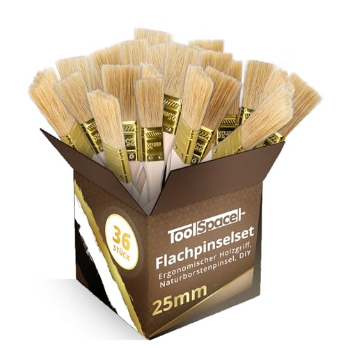 ToolSpace Pinselset Flachpinsel Set 36er Borstenpinsel 25 mm Flachpinsel-Set Naturborsten Pinsel Holz Griff Lackierpinsel Malerpinsel Lasurpinsel Streichen Wänden Malerbedarf Wandfarbe Streichpinsel von ToolSpace