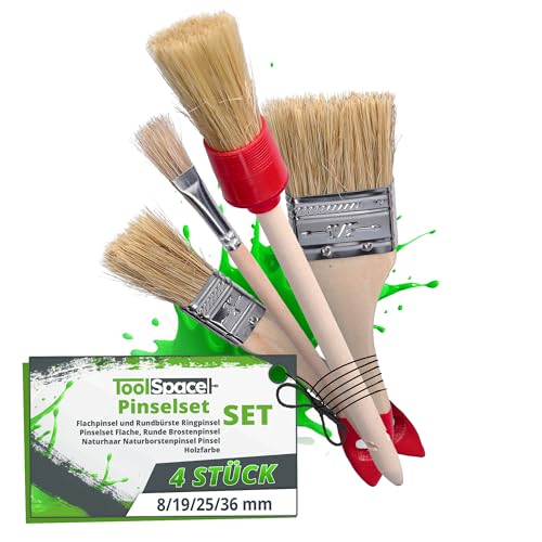 ToolSpace Set mit Pinseln zum Malen 4er Pinselset - 8/19/36 mm Flachpinsel und Rundbürste 25 mm Ringpinsel Pinselset Flache, Runde Brostenpinsel Naturhaar Naturborstenpinsel Pinsel Holzfarbe von ToolSpace