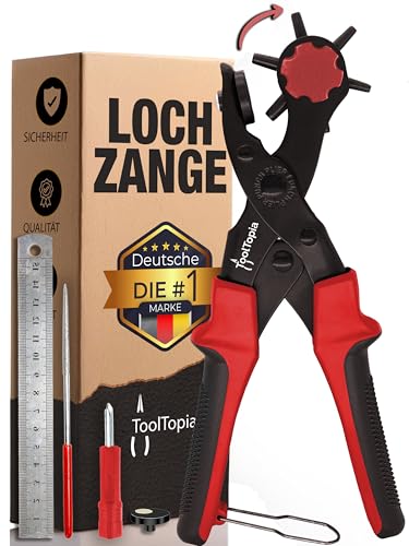 Lochzange für Leder [KOMPLETTSET], Locheisen | Lochstanzer als Leder Werkzeug, Papier, Gürtel Locher, oder Lochstanze für Stoff, Biothane, Kunstleder etc. Hole Puncher mit Komforthebel von ToolTopia