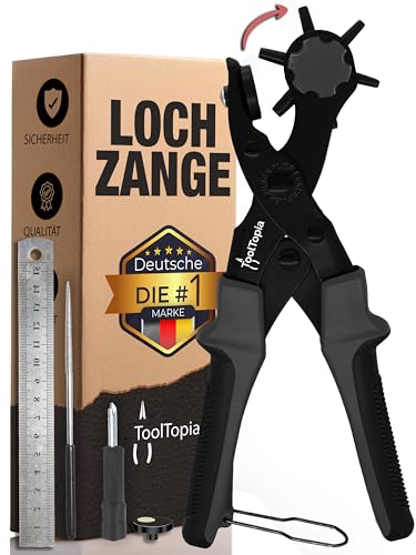 Lochzange für Leder [KOMPLETTSET], Locheisen | Lochstanzer als Leder Werkzeug, Lochzange Papier, Gürtel Locher, oder Lochstanze für Stoff, Biothane, Kunstleder etc. Hole Puncher mit Komforthebel von ToolTopia