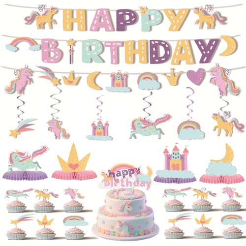 Party-Dekorationen mit Pferdemotiv, 38 Stück, Fantasie-Party-Dekorationen mit Happy Birthday-Banner, Waben-Mittelstücke, hängende Wirbel, Kuchendekoration für magisches Pferde-Themen-Dekor-Zubehör Party-Dekorationen mit Pferdemotiv, 38 Stück, Fantasie-Party-Dekorationen mit Happy Birthday-Banner, Waben-Mittelstücke, hängende Wirbel, Kuchendekoration für magisches Pferde-Themen-Dekor-Zubehör von Toosunny