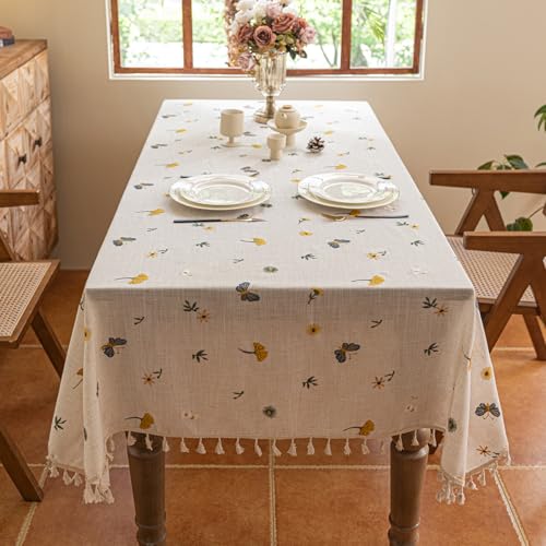 Polyester-Leinen-Tischdecke mit Quasten, rechteckiger Esstisch, Sonnenblume, Schmetterling, Blume, Ginkgo-Blatt, bestickt, verschiedene böhmische rustikale Landhaus-Tischdecke, 140 x 259 cm Polyester-Leinen-Tischdecke mit Quasten, rechteckiger Esstisch, Sonnenblume, Schmetterling, Blume, Ginkgo-Blatt, bestickt, verschiedene böhmische rustikale Landhaus-Tischdecke, 140 x 259 cm von Tootop