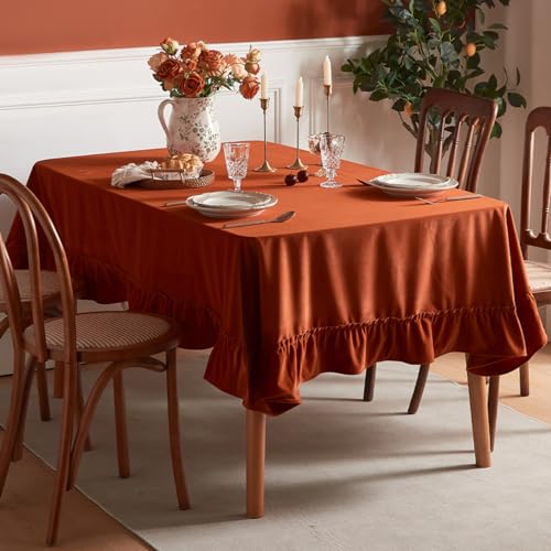 Tootop Weiche, luxuriöse Samt-Tischdecke, gerüscht, einfarbig, rechteckig, dick, Vintage-Stil, Bauernhaus-Stil, waschbar, geeignet für Partys, Hochzeiten, Babypartys, Küche (152,4 x 213,4 cm), Orange von Tootop