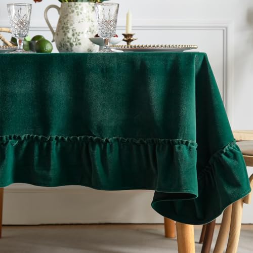 Tootop Weiche, luxuriöse Samt-Tischdecke, gerüscht, einfarbig, rechteckig, dick, Vintage-Stil, Bauernhaus-Stil, waschbar, geeignet für Partys, Hochzeiten, Babypartys, Küche (152 x 308 cm), Grün von Tootop