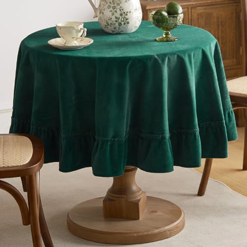 Tootop Weiche, luxuriöse Samt-Tischdecke, gerüscht, einfarbig, rund, dick, Vintage-Stil, ovaler Stil, waschbar, geeignet für Partys, Hochzeiten, Babypartys, Küche (152,4 cm rund), Grün von Tootop