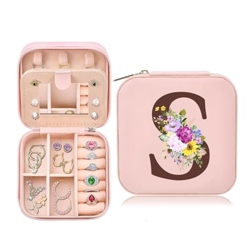 Geschenk für Frauen, Initiale Schmuckkästchen mit S, Kleine Schmuckkästchen, Reise Schmuckschatulle mit Spiegel für Damen Mädchen, Geschenk für Geburtstag Weihnachten Muttertag Hochzeit, Rosa von Toozen