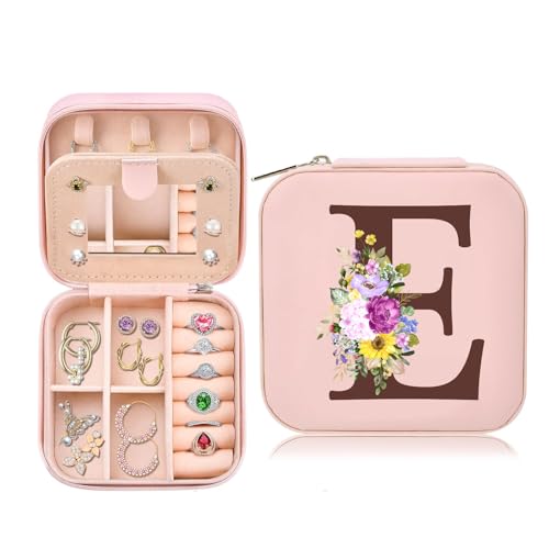 Schmuckkästchen Klein, Schmuckschatulle für Mädchen, Schmuckbox Damen, Reise Schmuck Etui, Jewelry Organizer Leder für Ohrringe Halsketten Ringe, Hochzeit Geburtstag Weihnachten Geschenk, Initialen E von Toozen