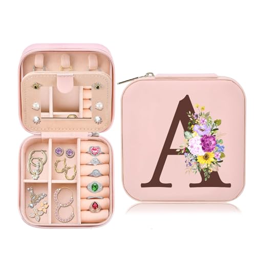 Schmuckkästchen Klein, Schmuckschatulle für Mädchen, Schmuckbox Damen, Reise Schmuck Etui, Jewelry Organizer Leder für Ohrringe Halsketten Ringe, Hochzeit Geburtstag Weihnachten Geschenk, Initialen A von Toozen