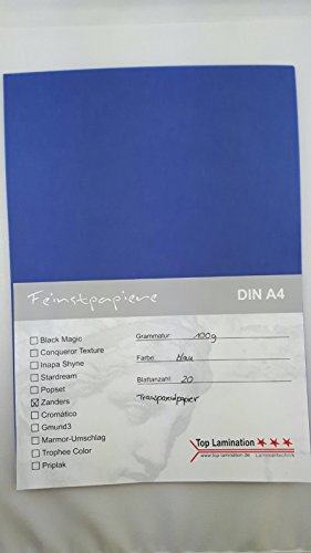 20 Blatt DIN A4 Transparentpapier blau 100g/m² sehr gute Qualität, Einladungen, Visitenkarten, Einlegeblätter für Alben, Fensterbilder, Bastelarbeiten und vieles mehr 20 Blatt DIN A4 Transparentpapier blau 100g/m² sehr gute Qualität, Einladungen, Visitenkarten, Einlegeblätter für Alben, Fensterbilder, Bastelarbeiten und vieles mehr von Top Lamination Laminiertechnik
