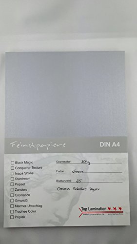 25 Blatt DIN A4 metallic chrom glänzendes Papier 300g/m² komplett durchgefärbt Glitzerpapier von Top Lamination Laminiertechnik