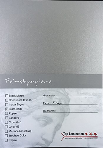 25 Blatt DIN A5 silber Metallic Papier 120g/m² komplett durchgefärbt für Einladungen, Hochzeitskarten, Fotoalbum, Bastelarbeiten bedruckbar von Top Lamination Laminiertechnik