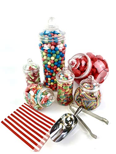 Plastikbehälter für Süßigkeiten im viktorianischen Stil- 6 x Kunststoffbehälter für Party-Display Partypackung mit Futterzange Essensschaufel und Rot Papiertüten von TOP STAR
