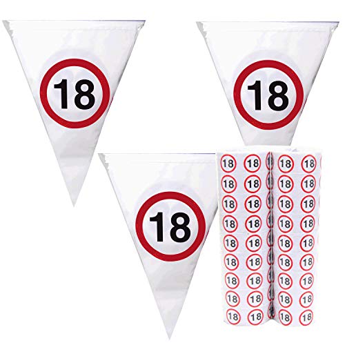 TOP TEN Set Luftschlagen & 4 Meter Wimpelgirlande mit 10 Wimpel 19 x 21cm Verkehrsschild 18, Geburtstags Party von TOP TEN
