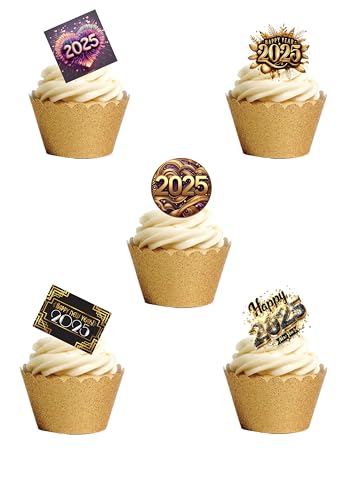 33 aufstellbare Silvesterparty 2024 schwarz & gold Themed Premium Essbare Oblaten Papier Kuchen Topper Dekorationen von Top That